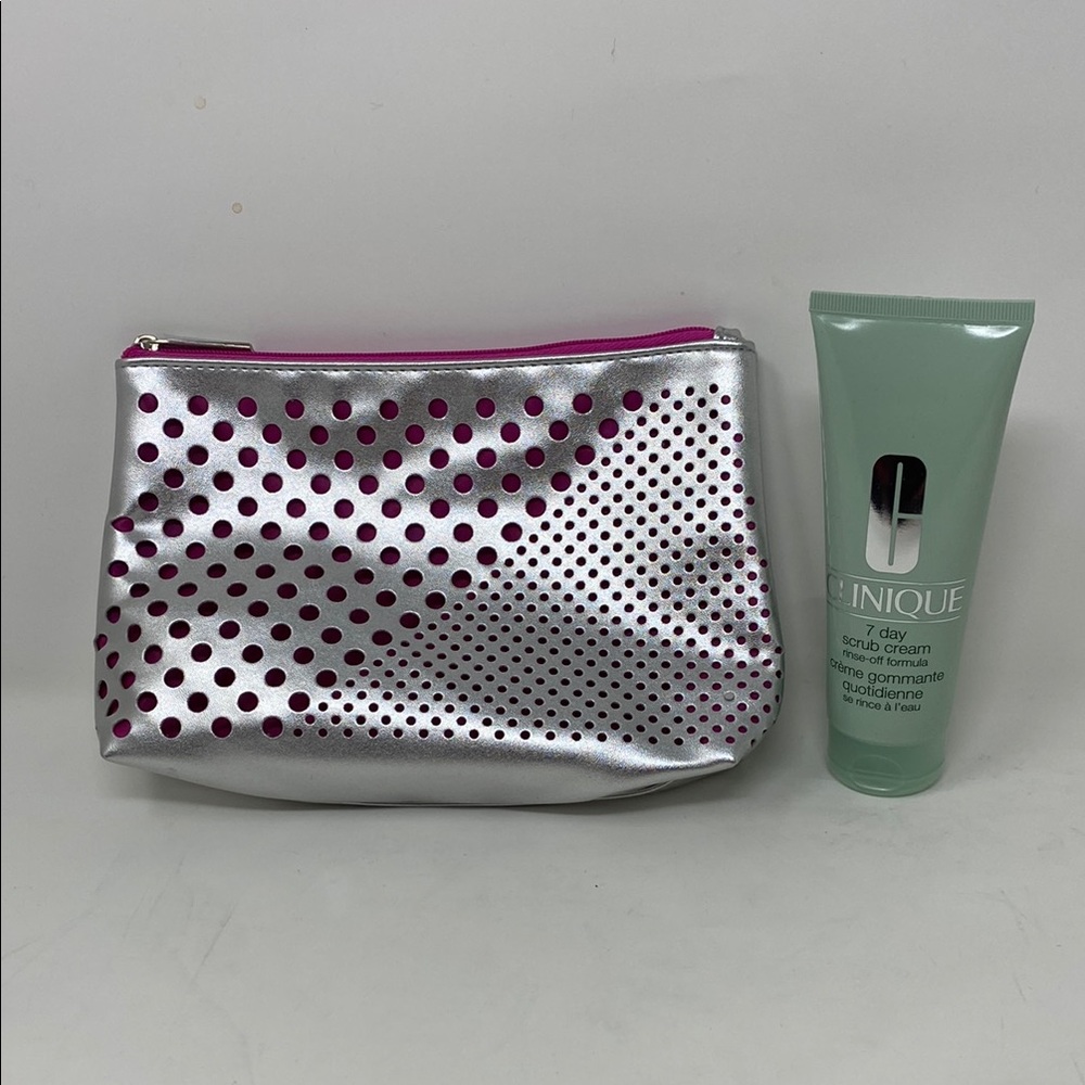 7 Day scrub cream and Silver and Pink Polka Dot Cosmetic Bag